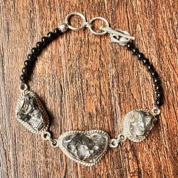 Vintage Meteorite & Black Spinel Bracelet 7" - 8" in Sterling Silver D’Joy NIB - Picture 1 of 14